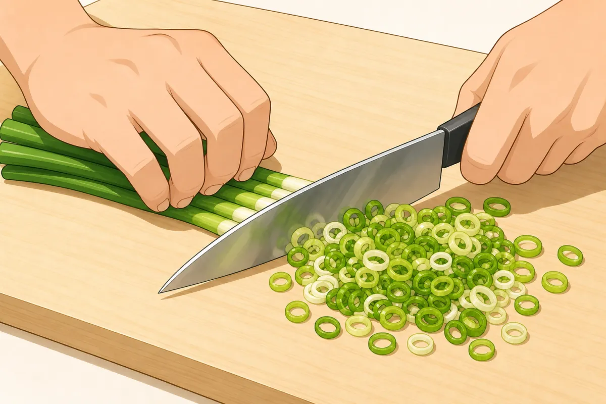 Slice the scallions thinly — whites and light greens.