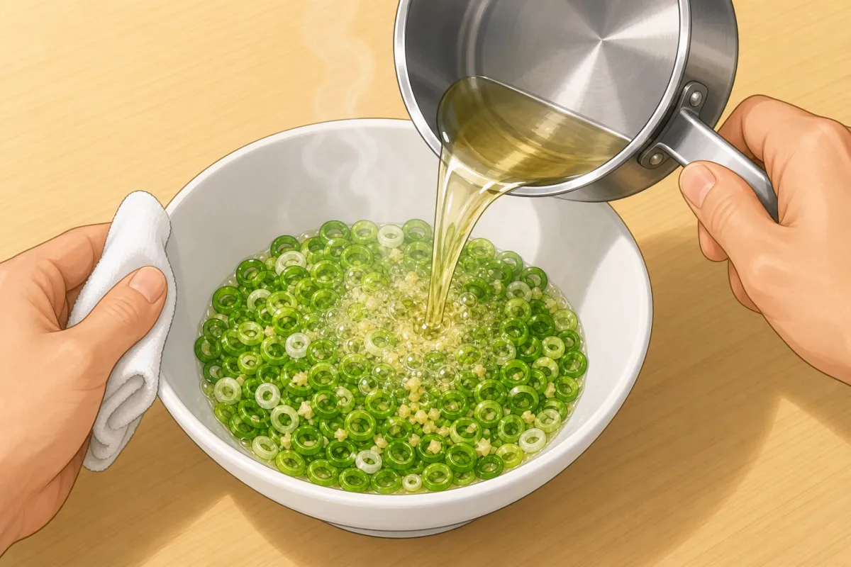 Heat the oil until it shimmers, then pour it over — it sizzles and takes the edge off the ginger.