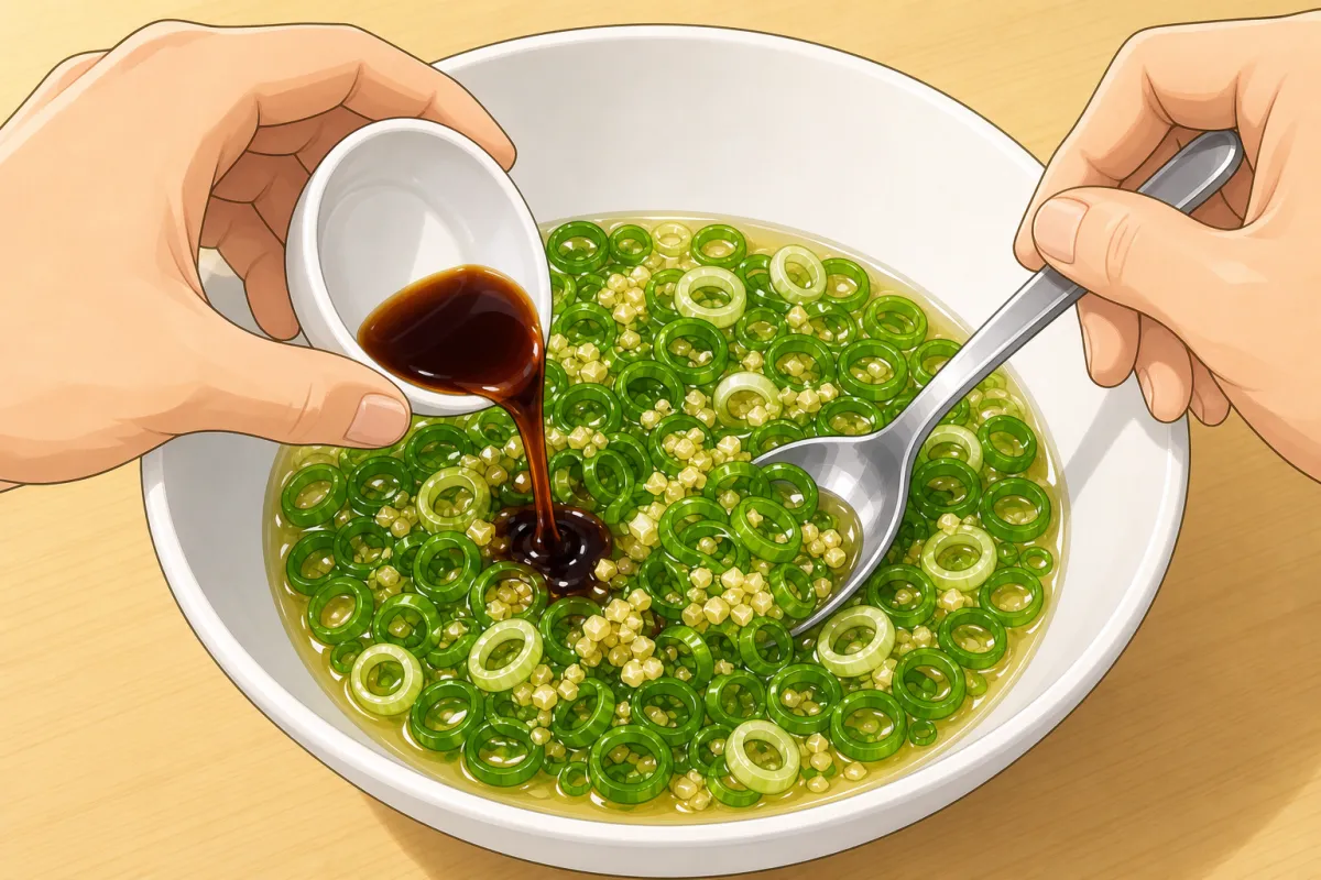 Stir in the soy, vinegar, sugar, sesame oil and salt; rest 15–20 minutes.