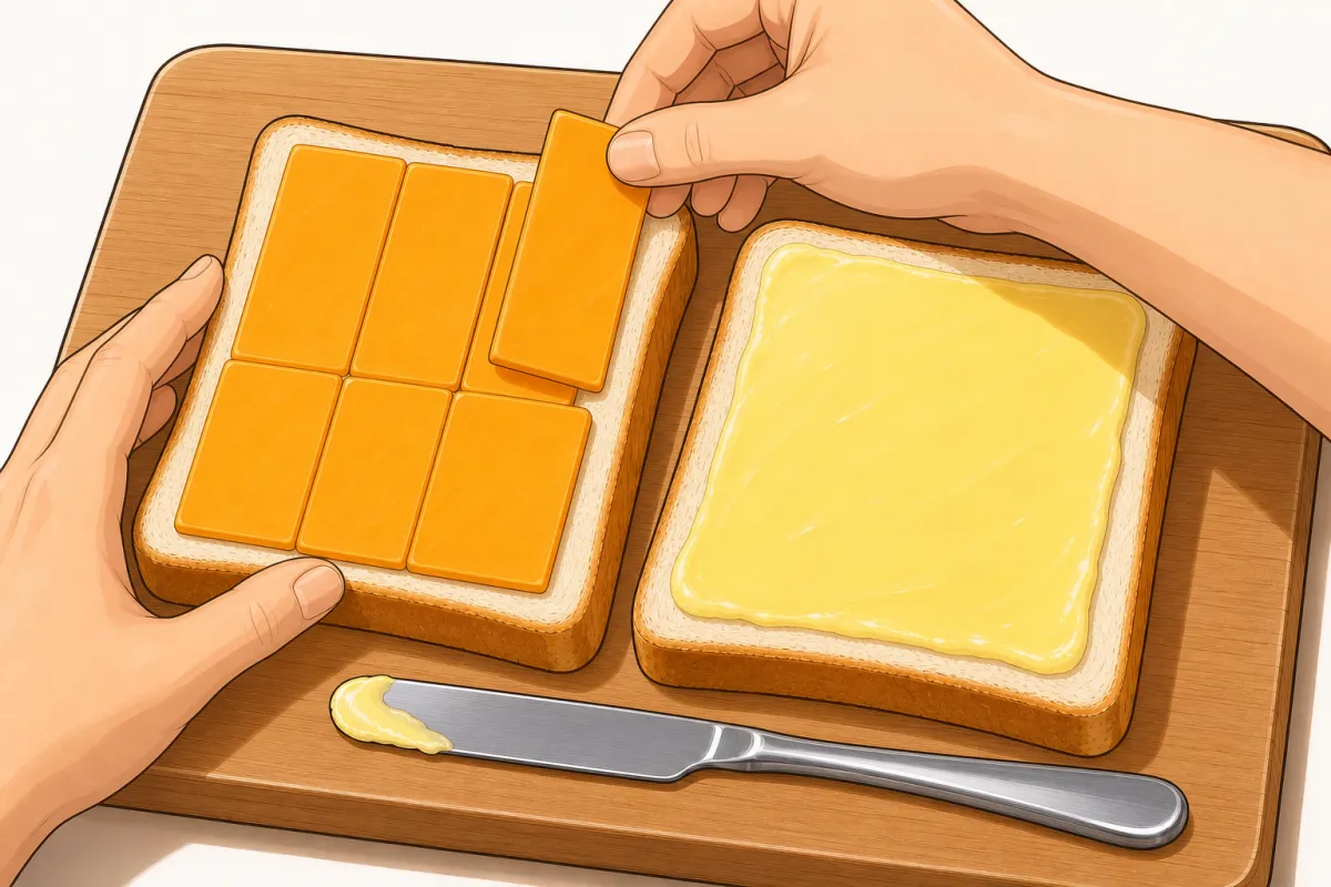 Cheddar in one even layer on the dry side; close it so the butter is outside.