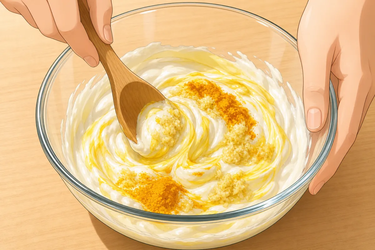 Stir the grated ginger, garlic and turmeric into the yogurt.