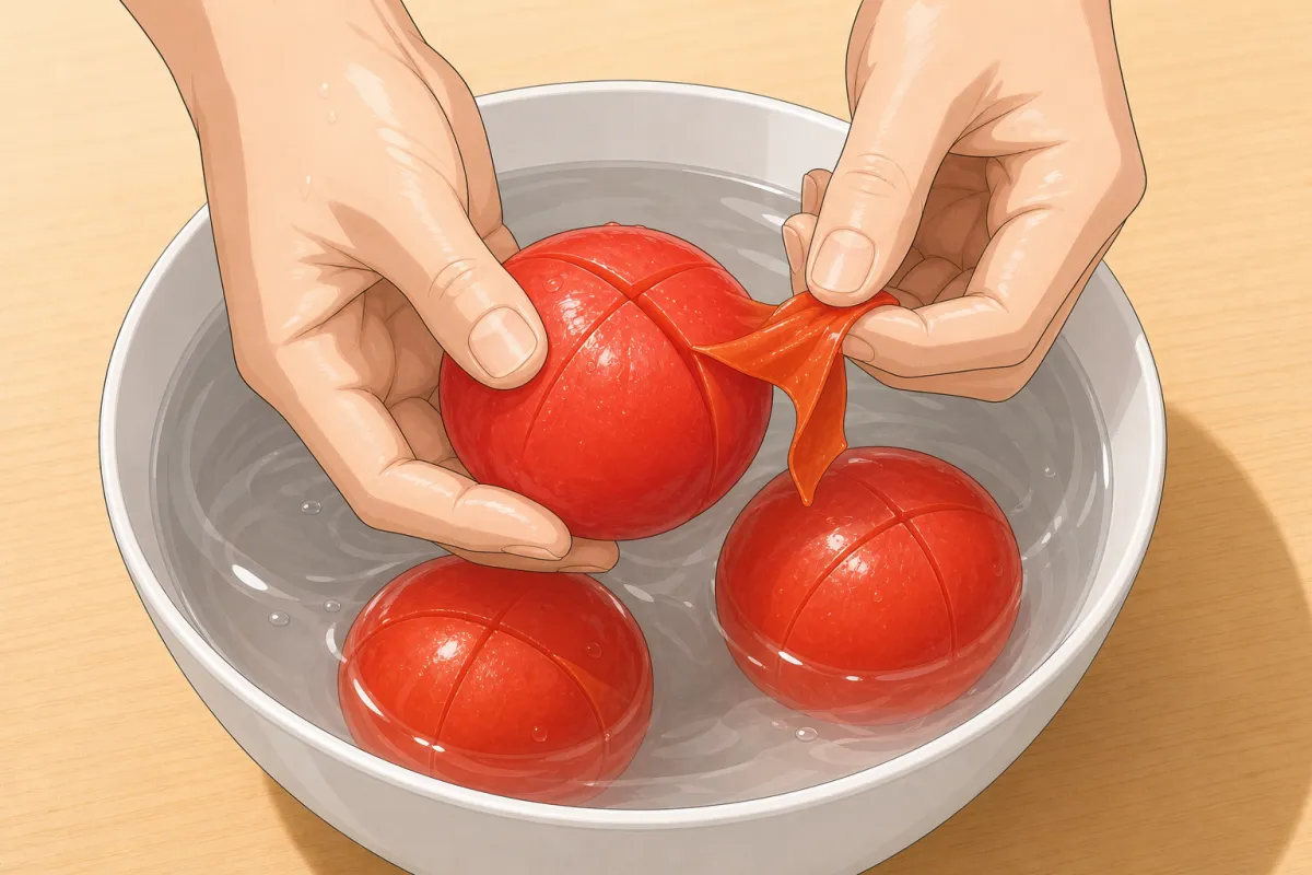 Drop them into boiling water; when the skin curls, swap the hot water for cold and slip the skins off.