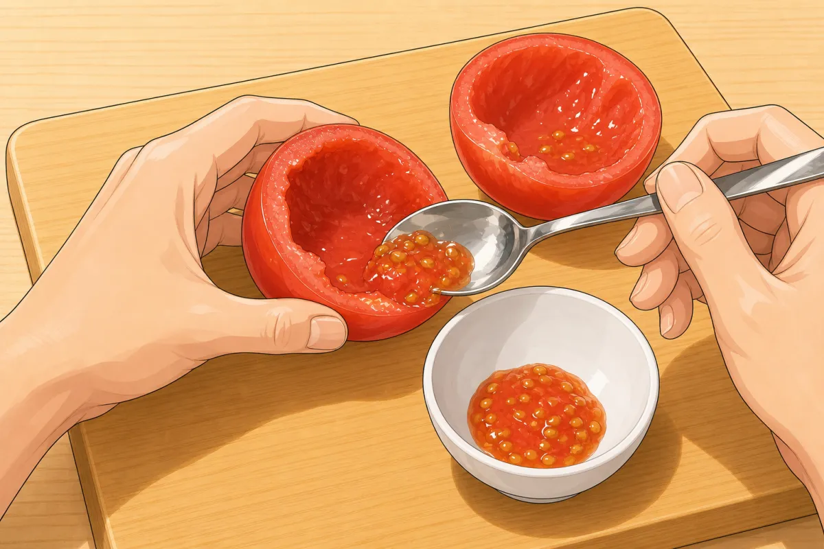 Halve, then scoop out all the seeds and juice.