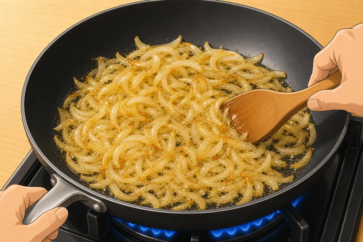 Fry in the oil over medium-high heat, stirring often, 4–5 minutes until soft and golden.
