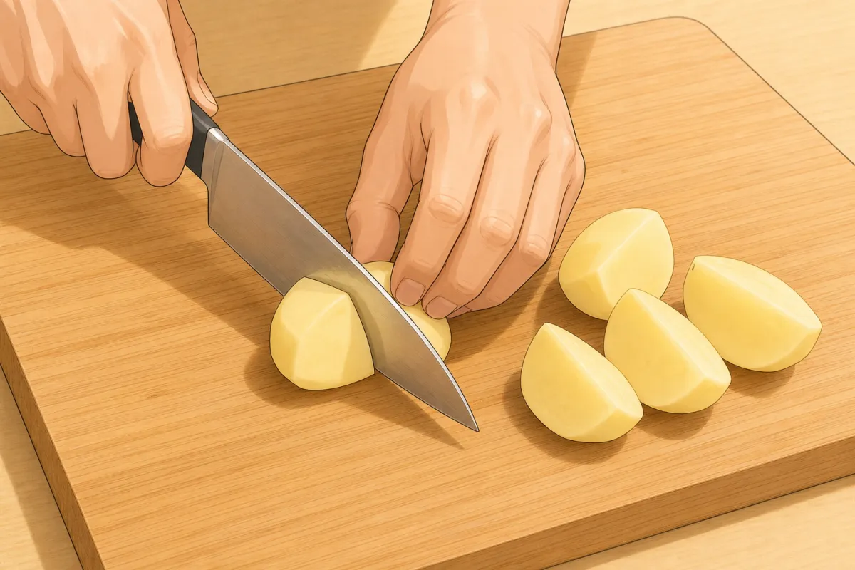 Peel and quarter the potatoes; boil with the carrots in a pot ⅓ full of water until almost tender.