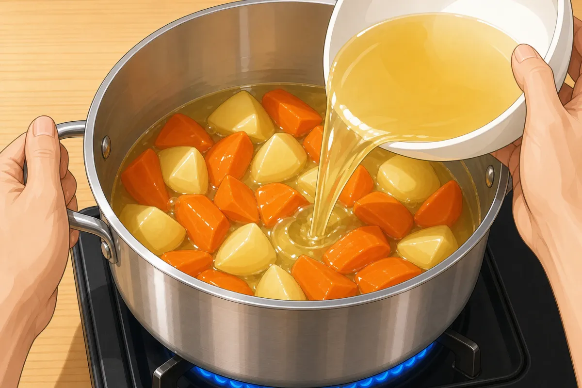 Pour the chicken stock over and bring to a gentle boil.