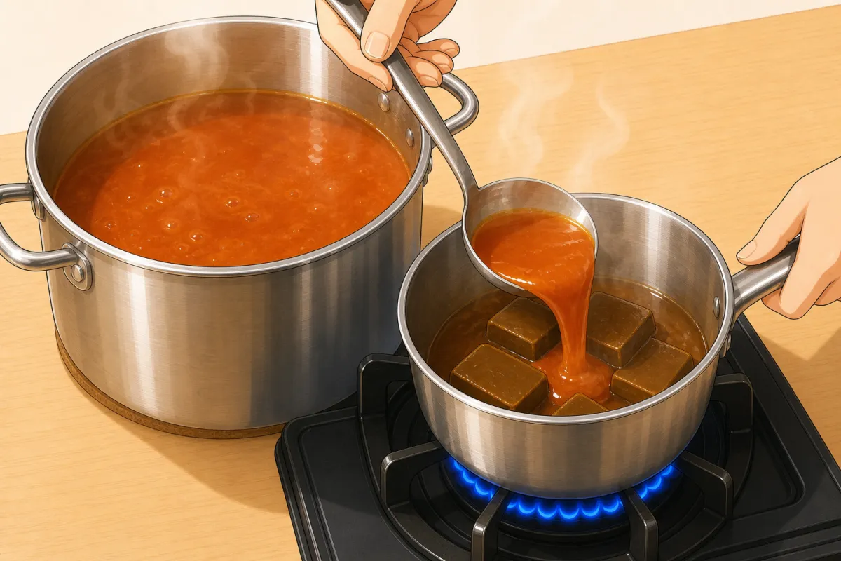 Ladle some of the pot's liquid into a small saucepan and add the roux squares.