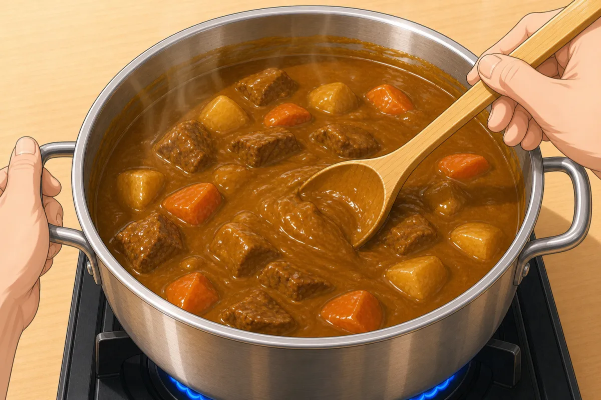 Simmer on medium-low for 30 minutes — keep stirring so it doesn't catch.