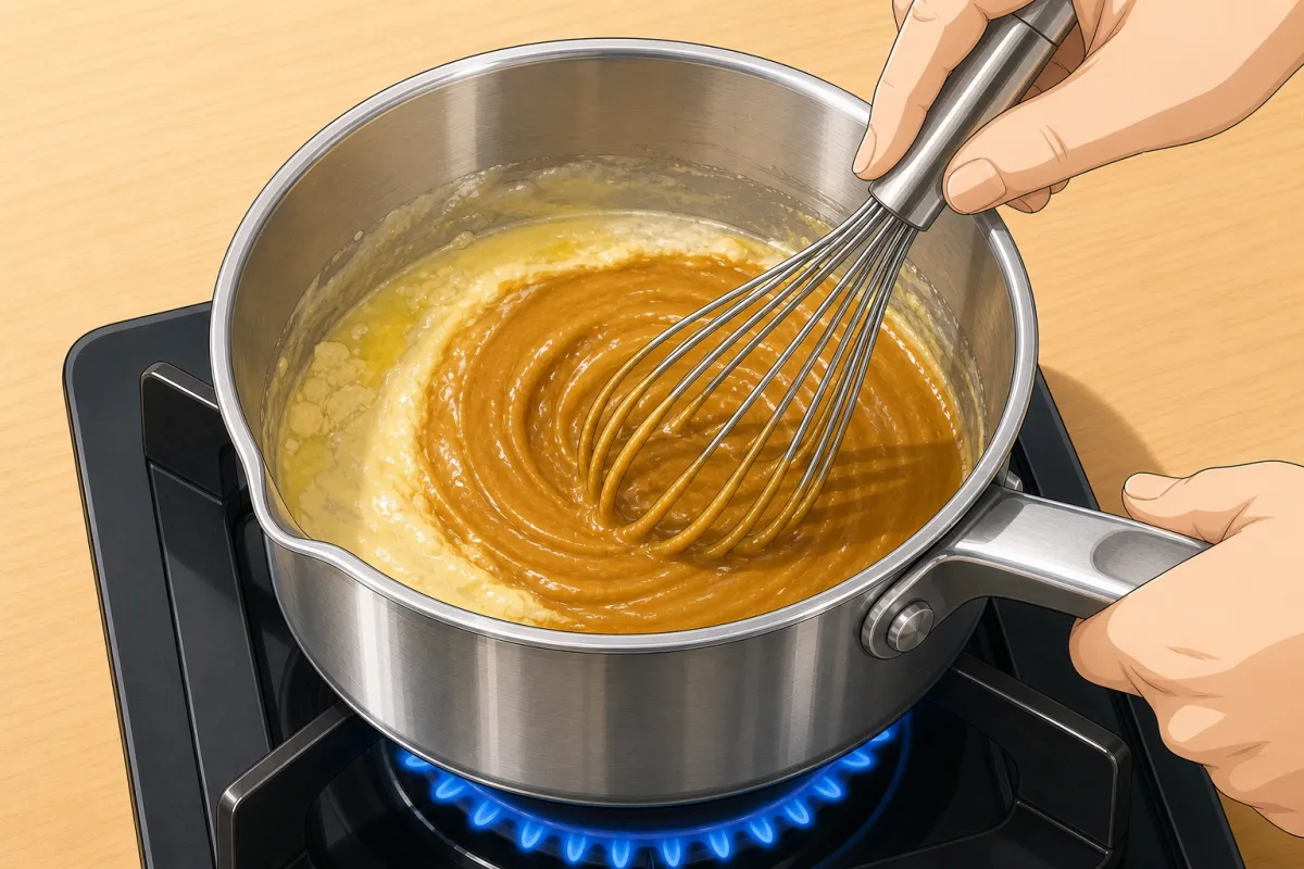 Stir in the flour and keep stirring for about 5 minutes, until golden brown.
