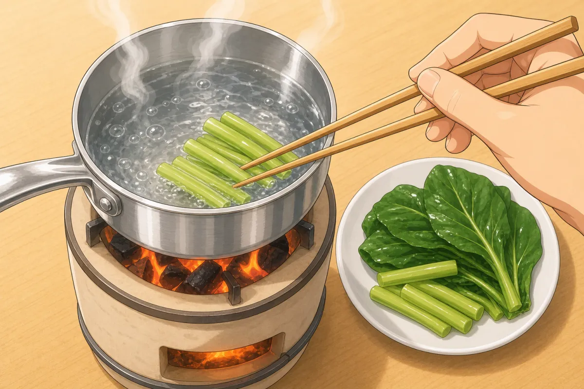 Stems in the boiling water first, leaves a little later.