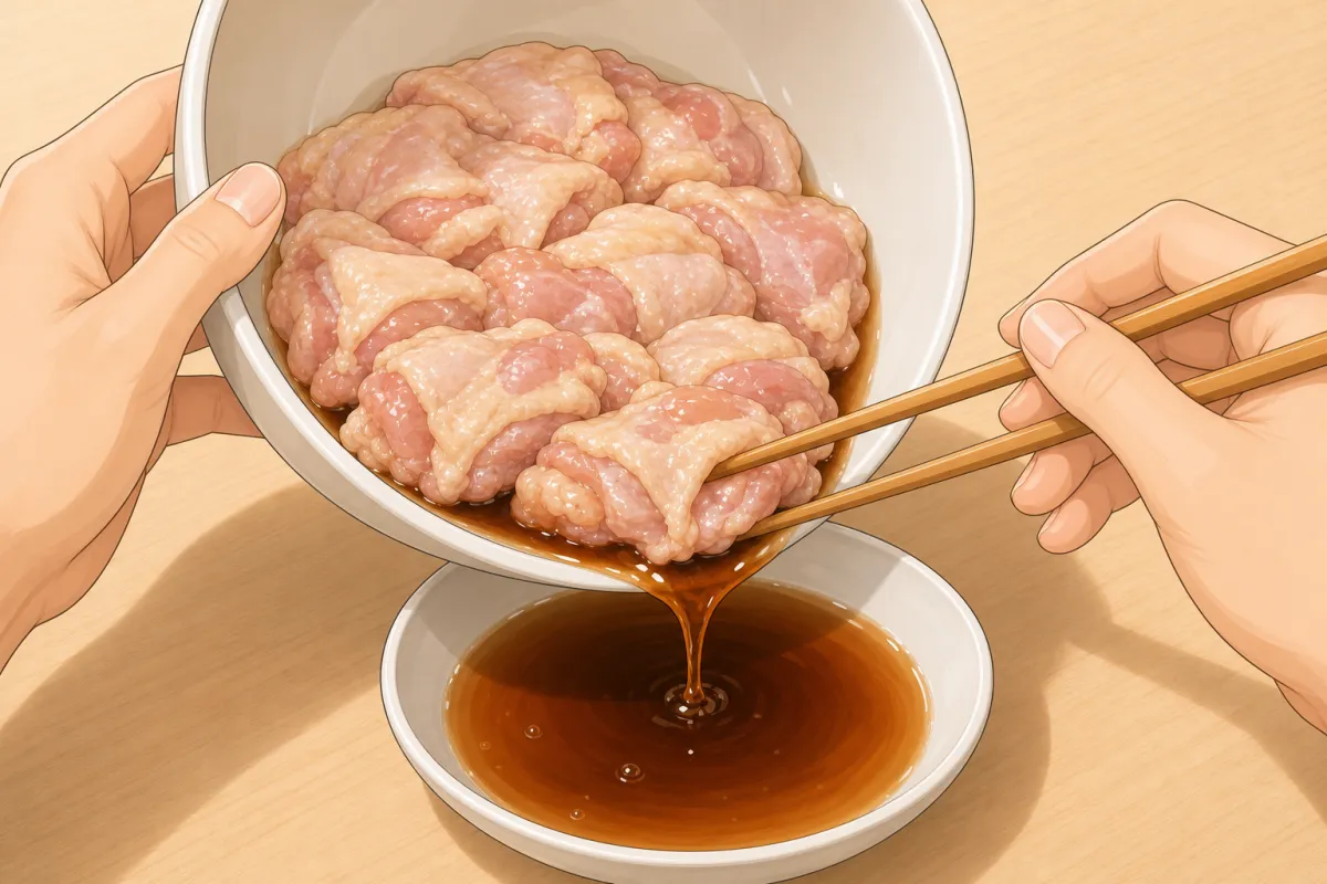Tilt the bowl and pour off the excess marinade, holding the chicken back.