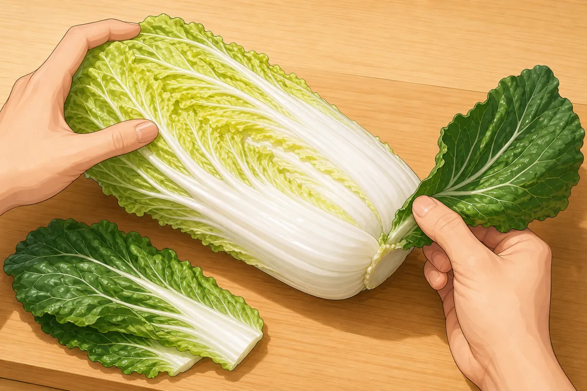 Peel off the outer leaves and keep them — they wrap the kimchi at the end.