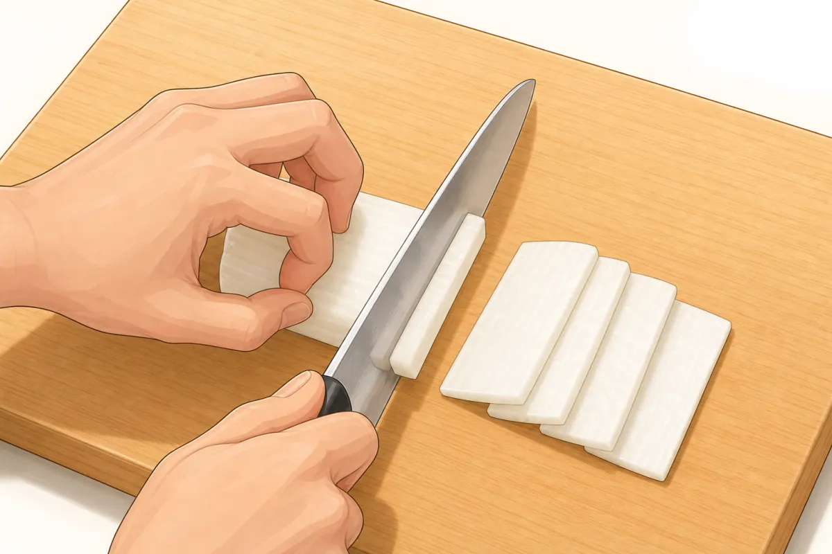 Daikon: slice into thin 3 mm planks.