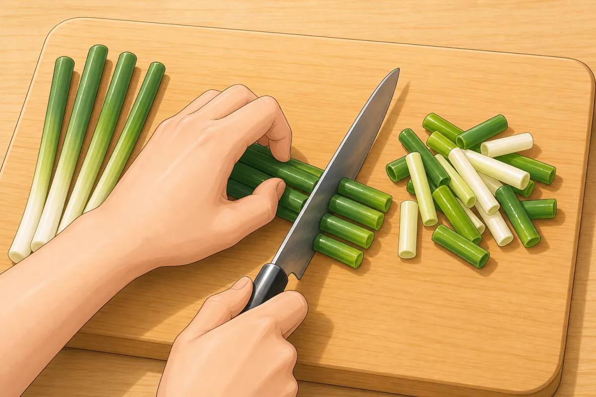 Green onions: line them up and cut into 3 cm lengths.
