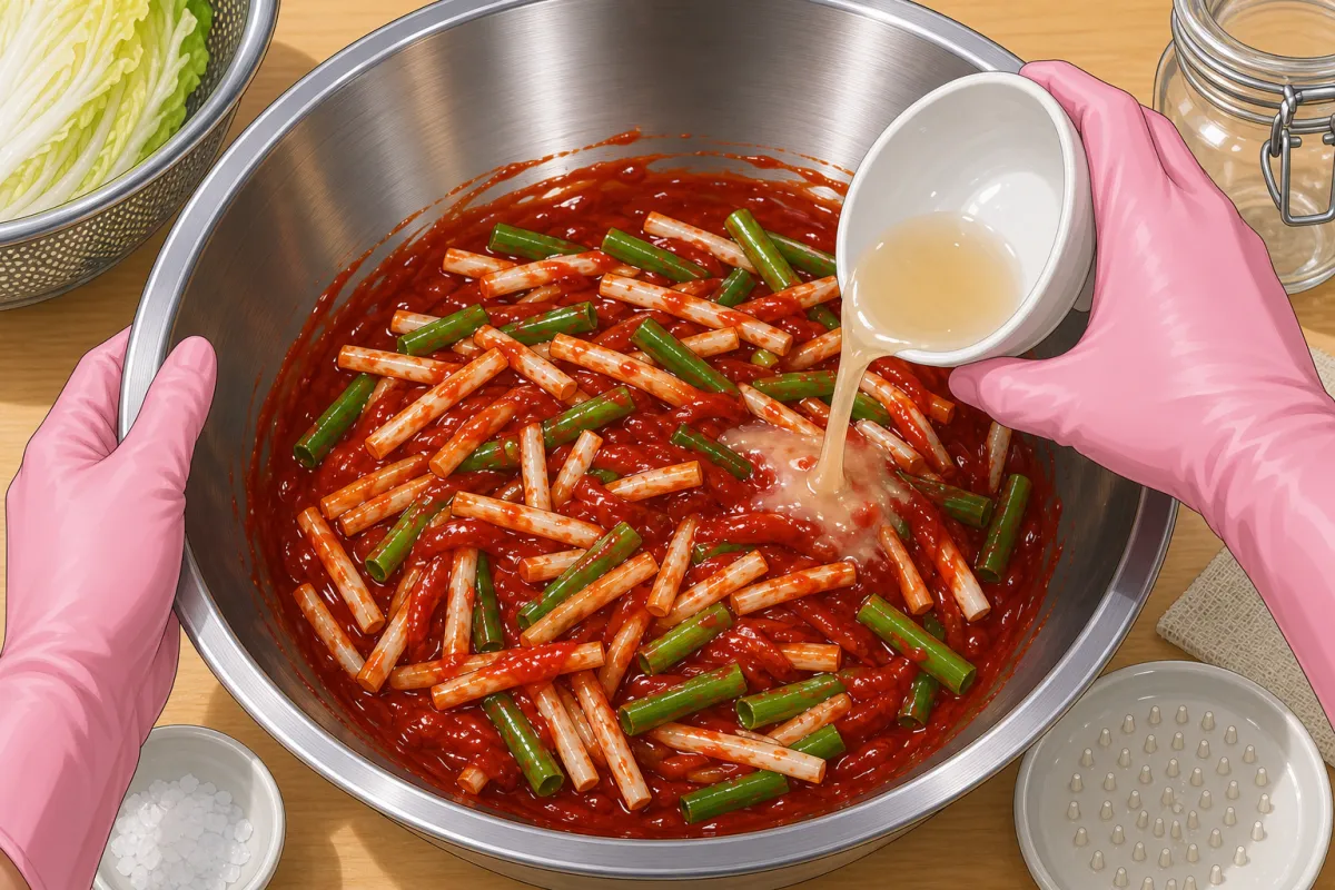 Gloves on: mix the gochugaru, sauces, sugar and stock with everything from step 4.