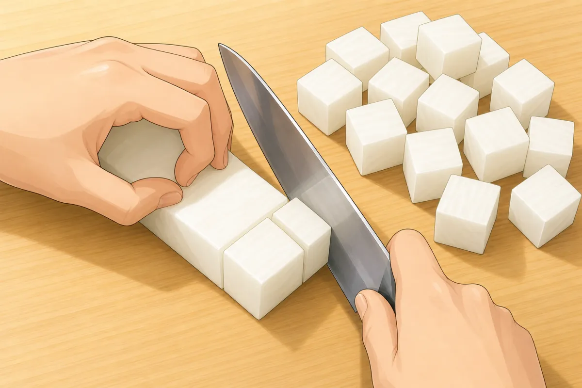 Cut the slabs into 3 cm sticks, then across into 3 cm cubes.
