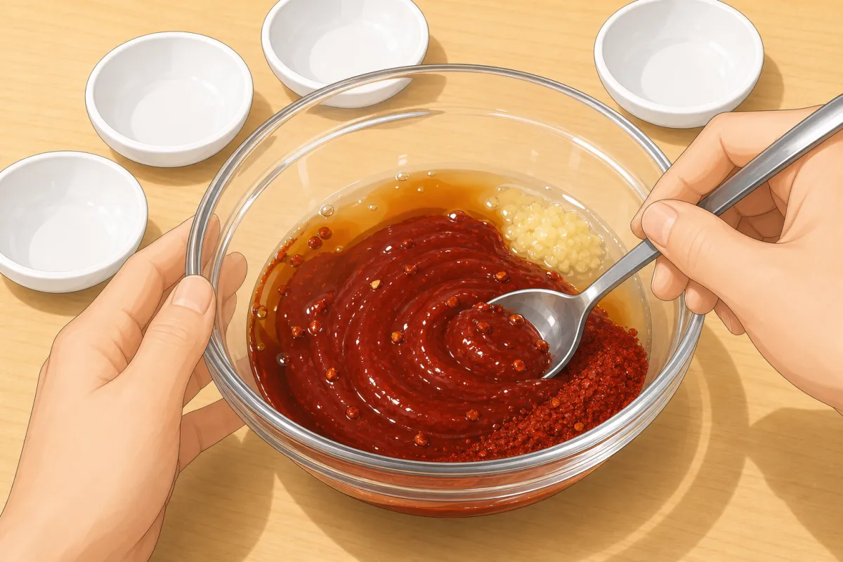 Mix the chili powder, sauces, kelp stock, juices and garlic into a thick red paste.
