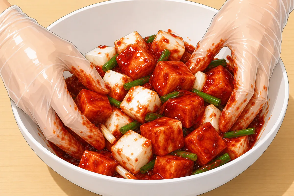 Mix the drained cubes with the filling and green onions — gloves on.