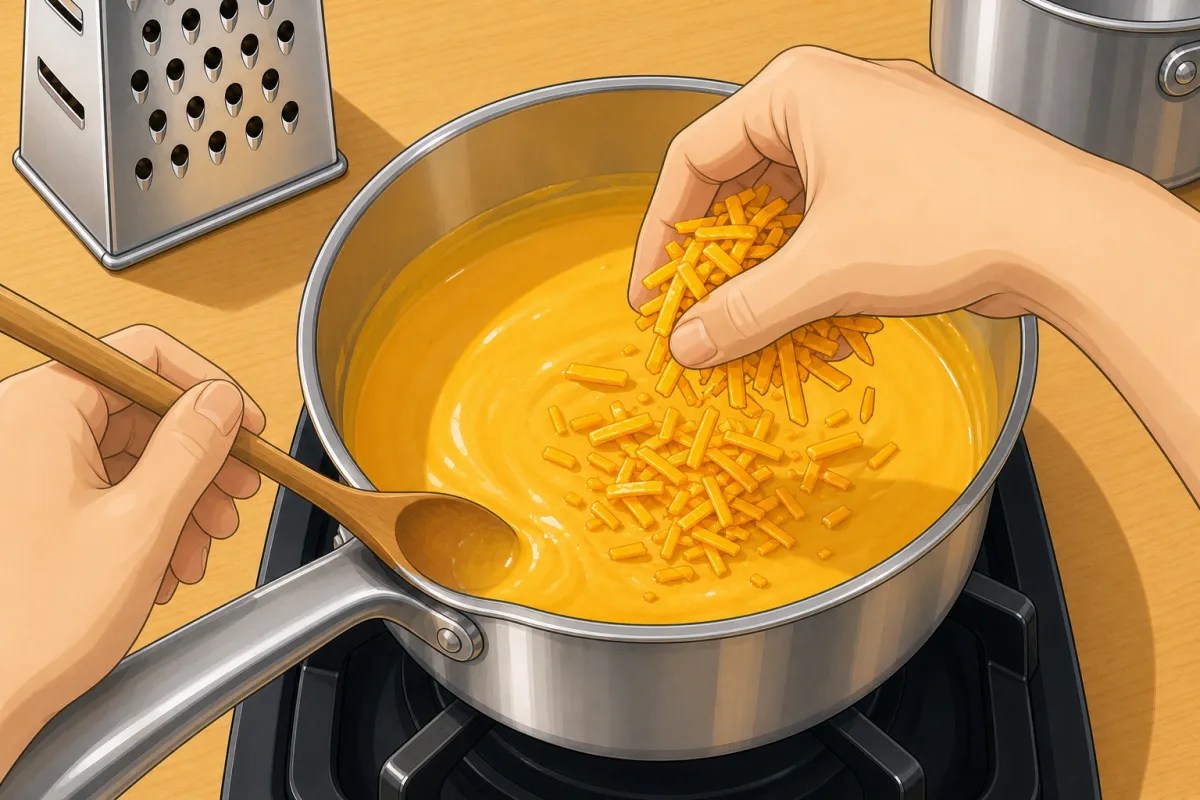 Off the heat: cheddar by the handful, then paprika and Dijon, until it is yellow-orange.