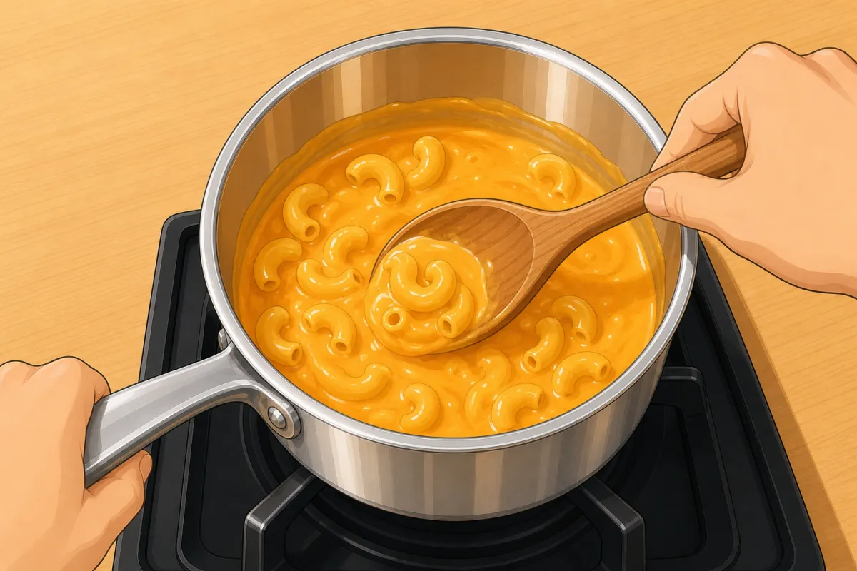 Fold the drained elbows through the sauce.