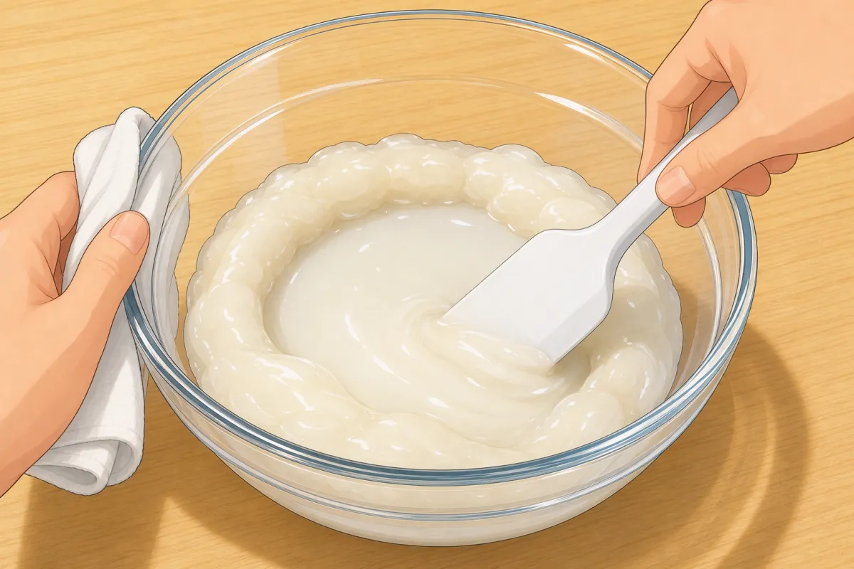 1 minute, then stir hard with a wet spatula: the edges set first.