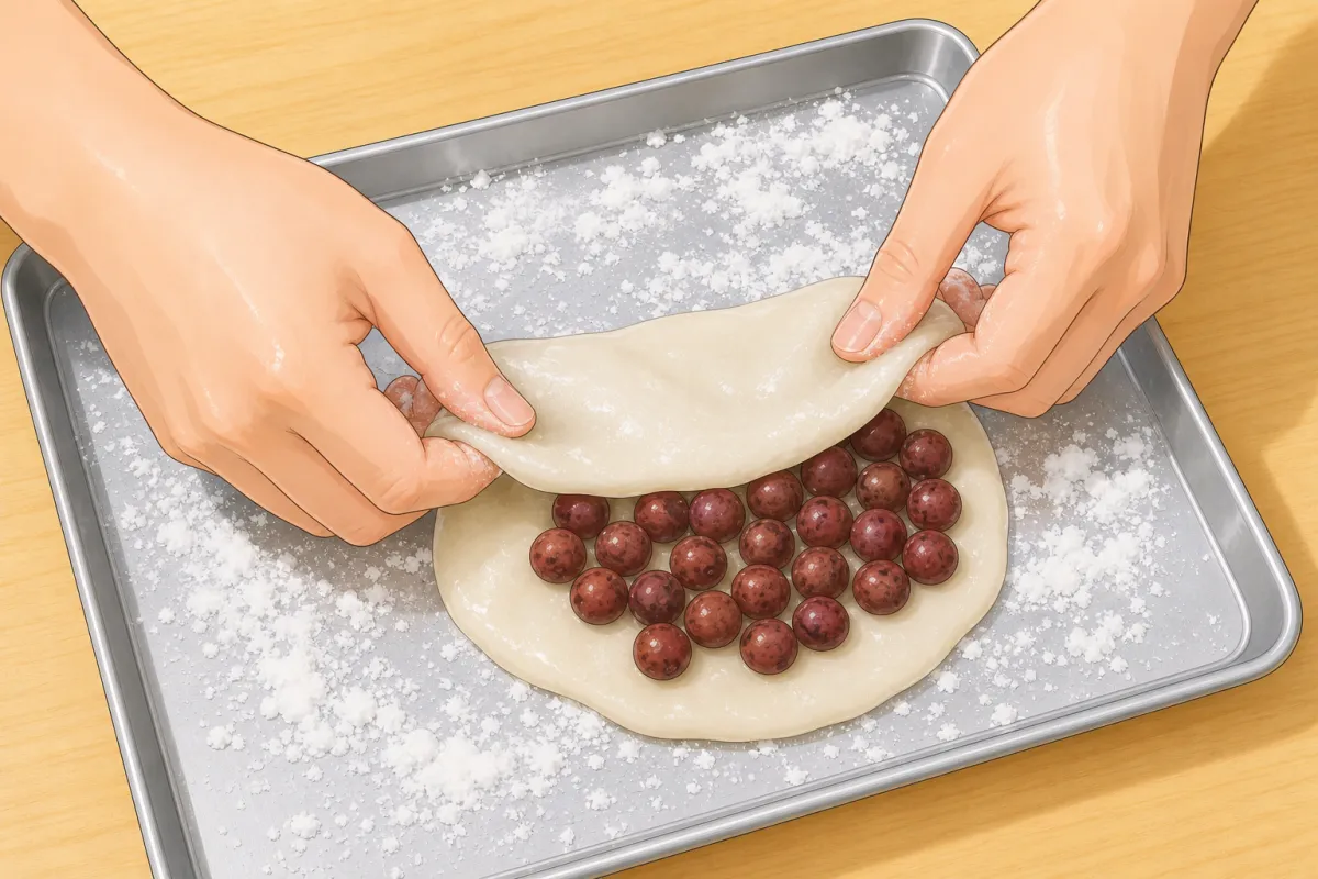 Pat the mochi flat, scatter half the peas, fold it in half.