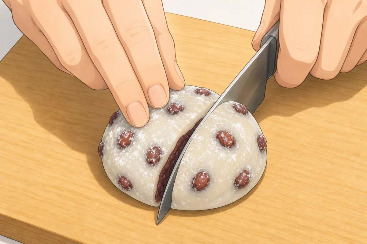 Brush off the loose starch; cut with a wet knife to show the inside.