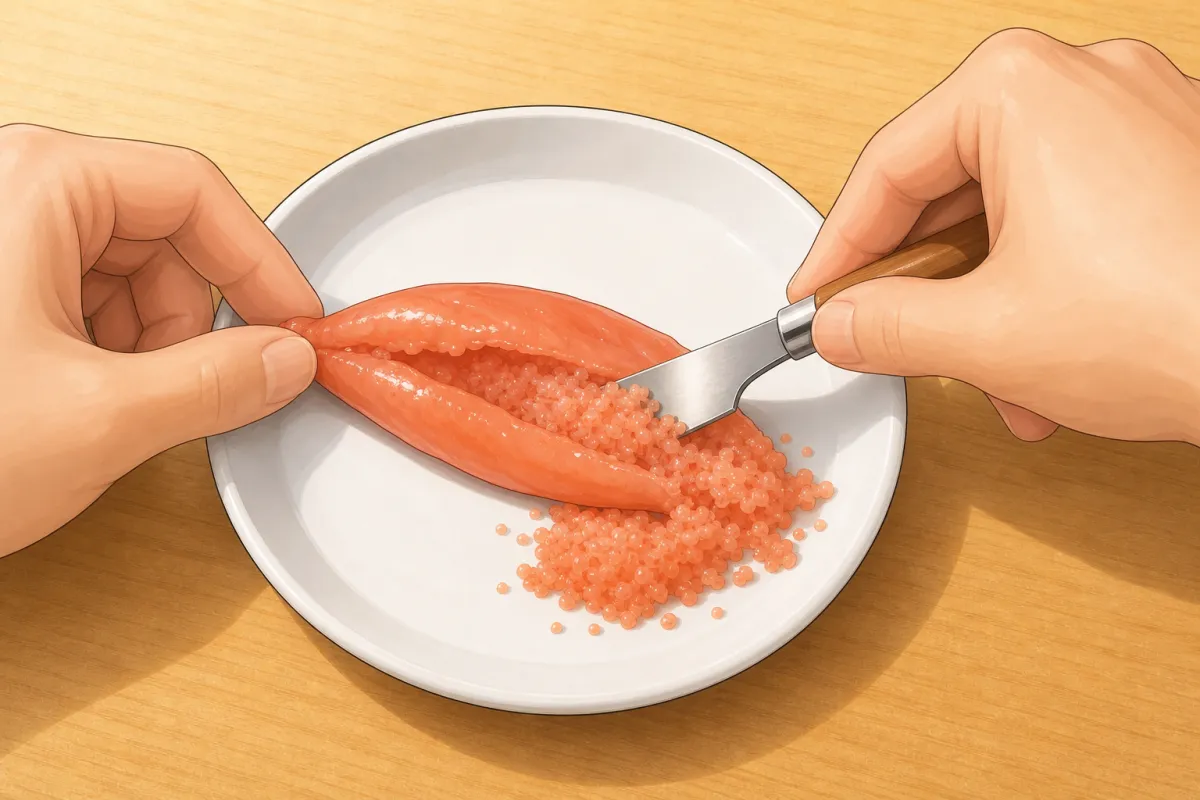 Slit the mentaiko sac and scrape the roe out of its skin.