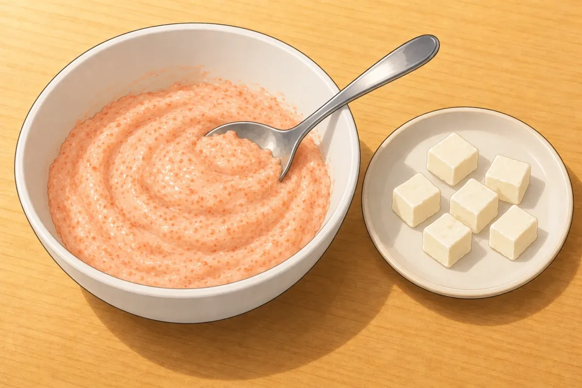 Stir the roe with Japanese mayo, then fold in the cream-cheese cubes gently so they stay intact.