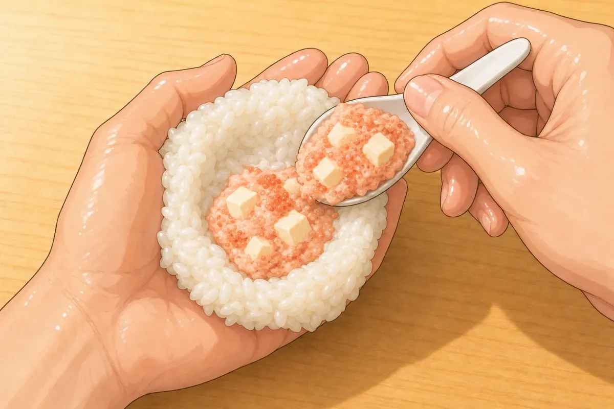 Mentai mayo and intact cream-cheese cubes in the well, then rice to cover.