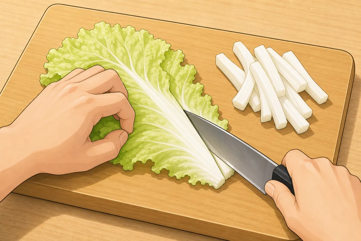 Cut a V along each side of the thick white rib to separate the stem from the leaf.