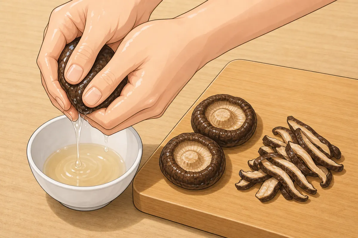 Squeeze the soaked shiitake, cut off the stems and slice the caps.
