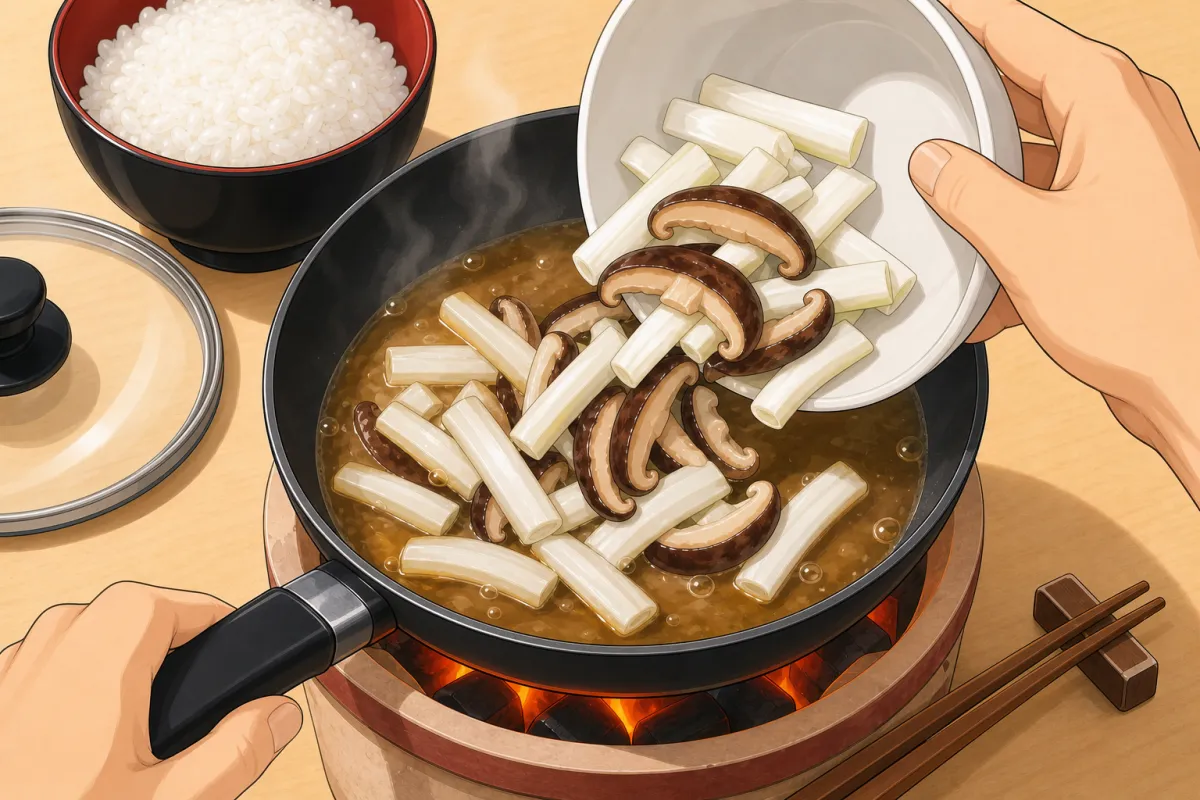 Bring the sauce to a simmer, then add the stems and shiitake.