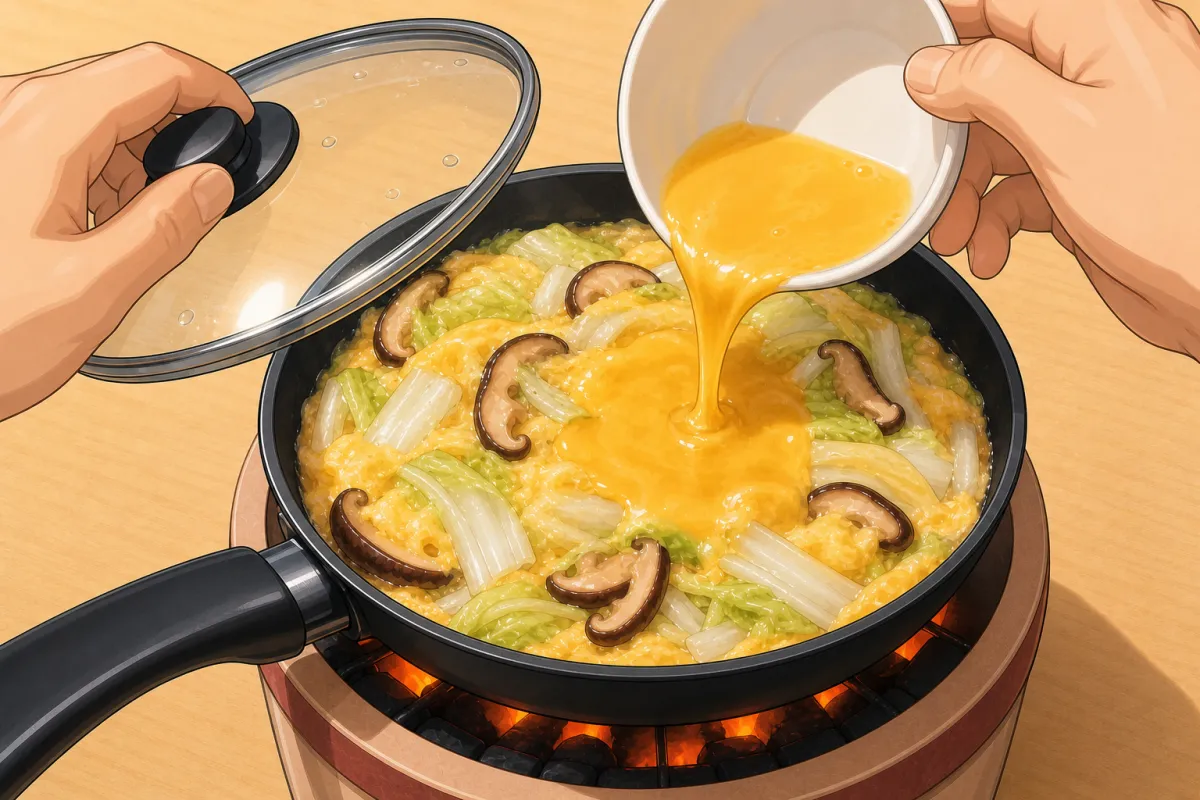 Pour the last third into the middle — then heat off, lid on.