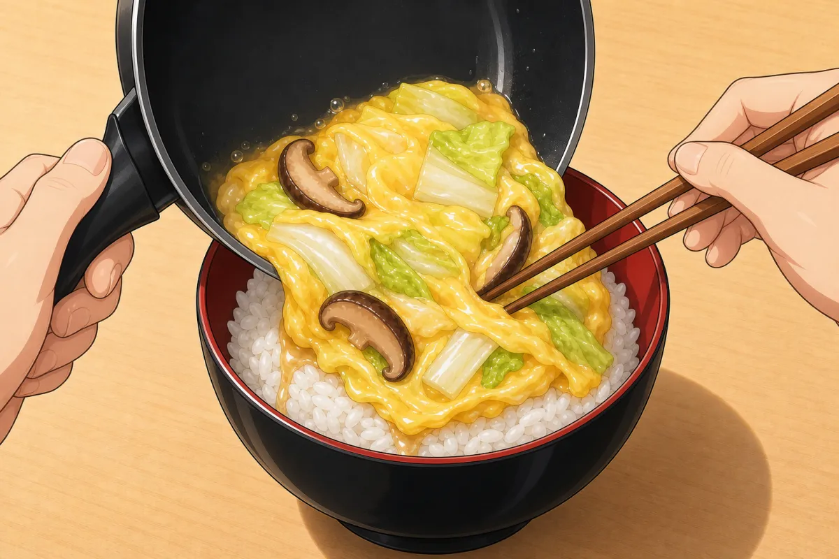 Tilt the pan over the rice and slide everything out in one go, broth included.