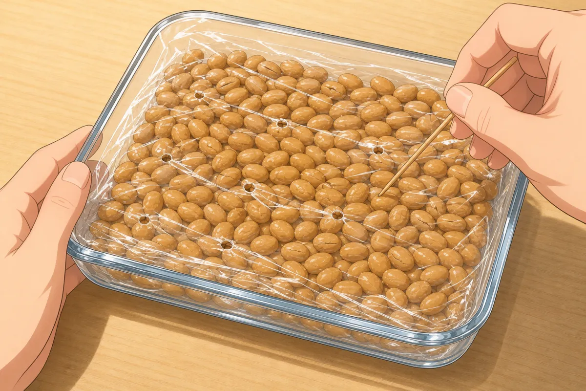 Film straight onto the beans; poke 10–15 holes with a skewer.