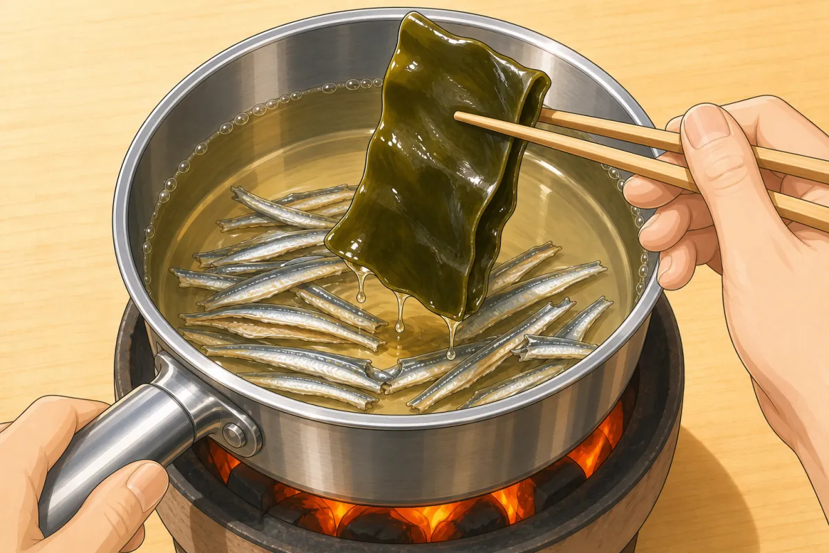When small bubbles appear, lift the kombu out — before it boils.