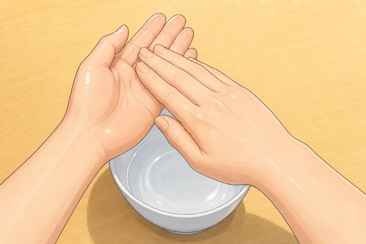 Rub the water over both palms — damp, not dripping.
