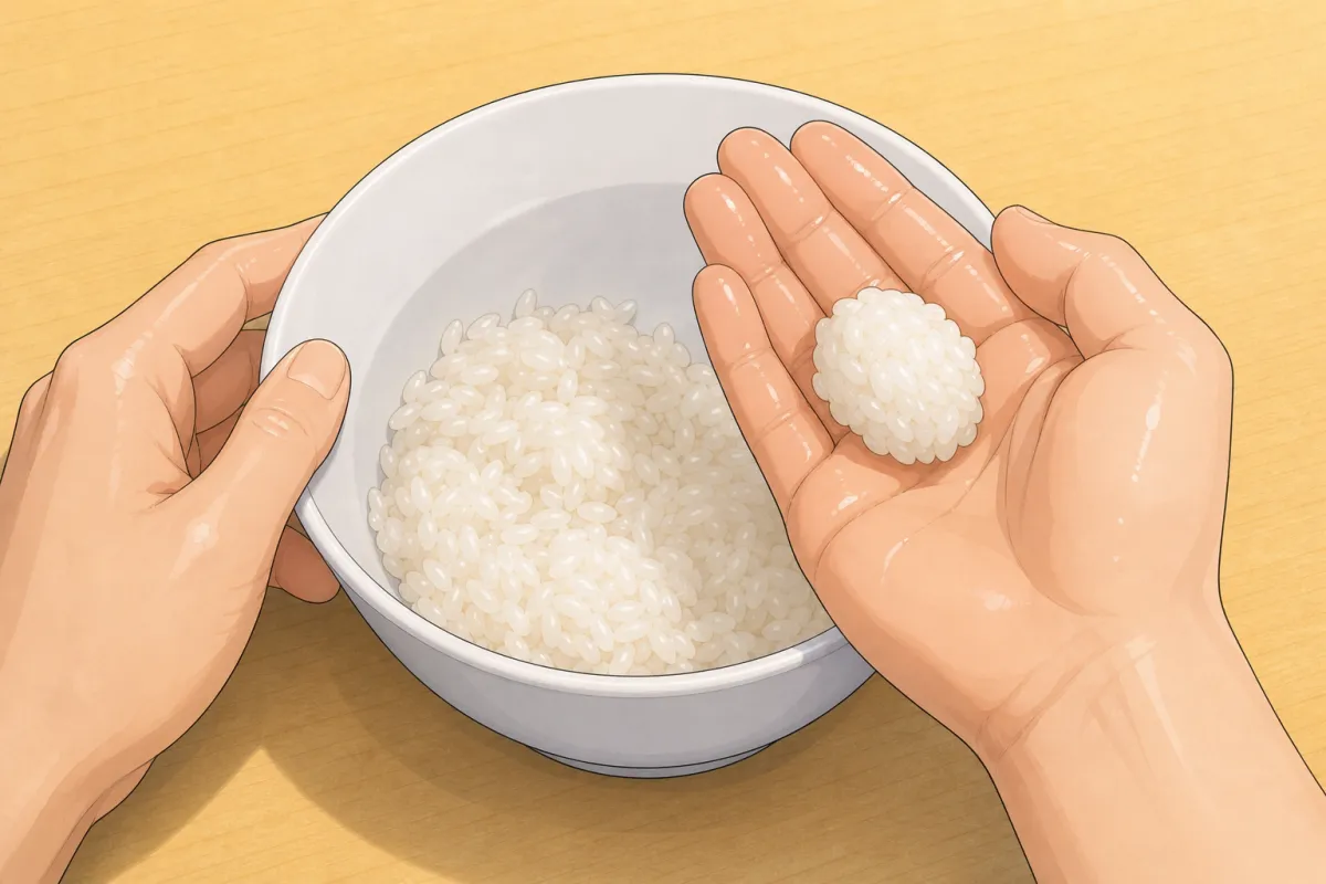 Scoop 15–20 g of rice into your right hand.