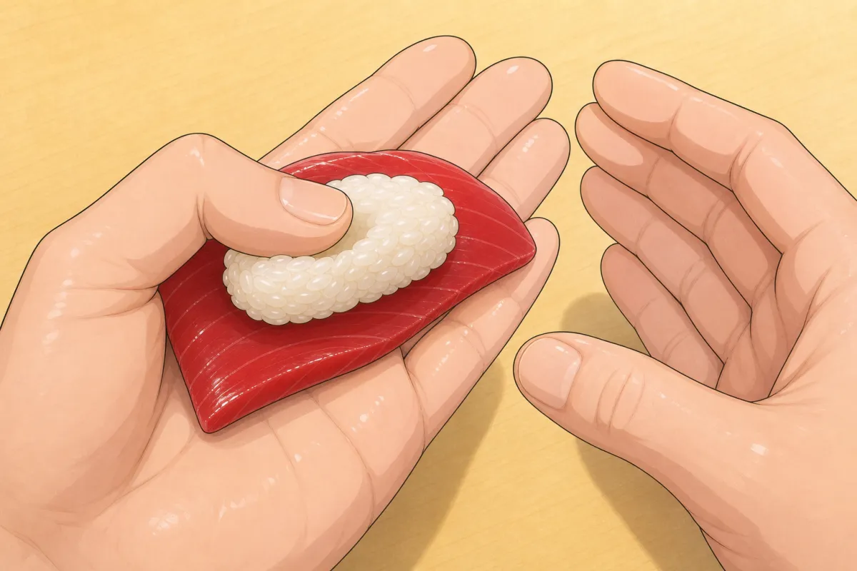 Set the rice on the fish; left thumb presses a small dimple in its middle.