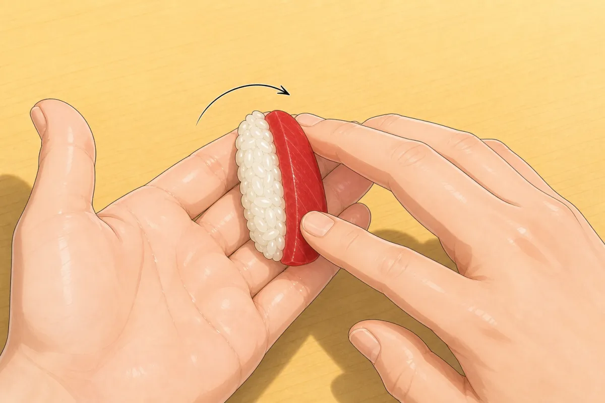 Open the left fingers and roll the piece towards the fingertips — fish ends up on top.