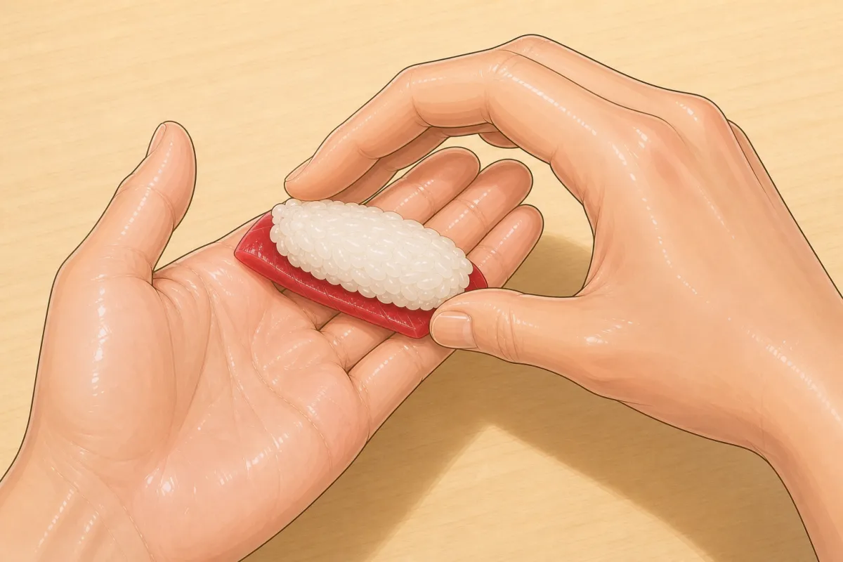 ① Right thumb and index pinch the long sides.