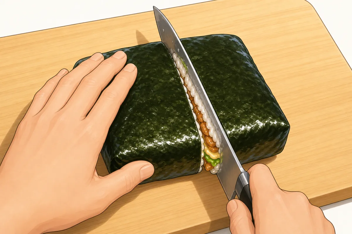 A wet knife, one straight cut through the middle, wrap and all.