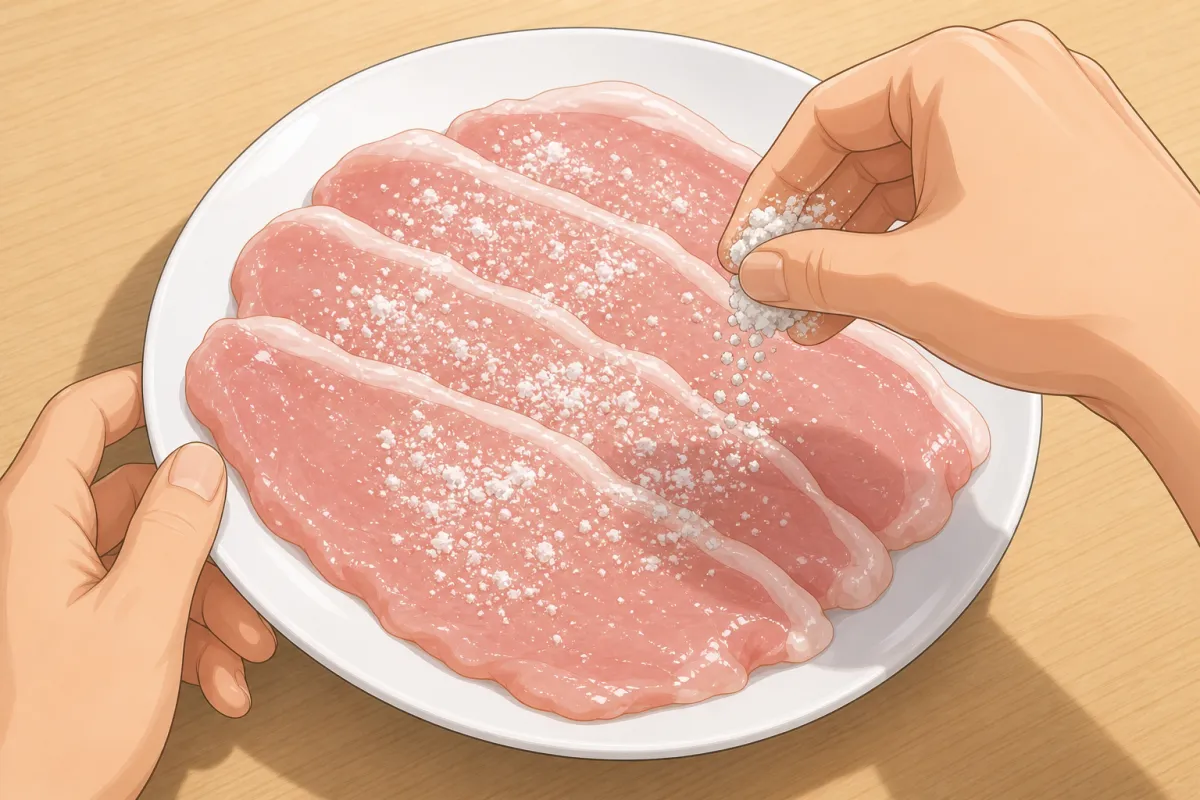 Ginger juice and sake over the pork, then a light dusting of flour.