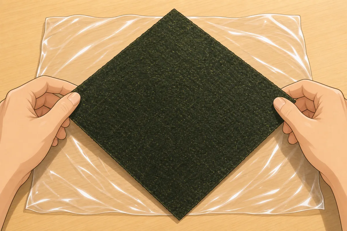 Nori on the wrap, shiny side down, a corner pointing up.