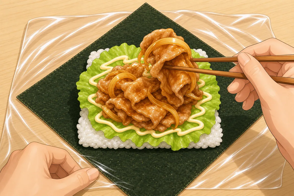 Lettuce, a drizzle of Kewpie, then the pork, piled high in the middle.