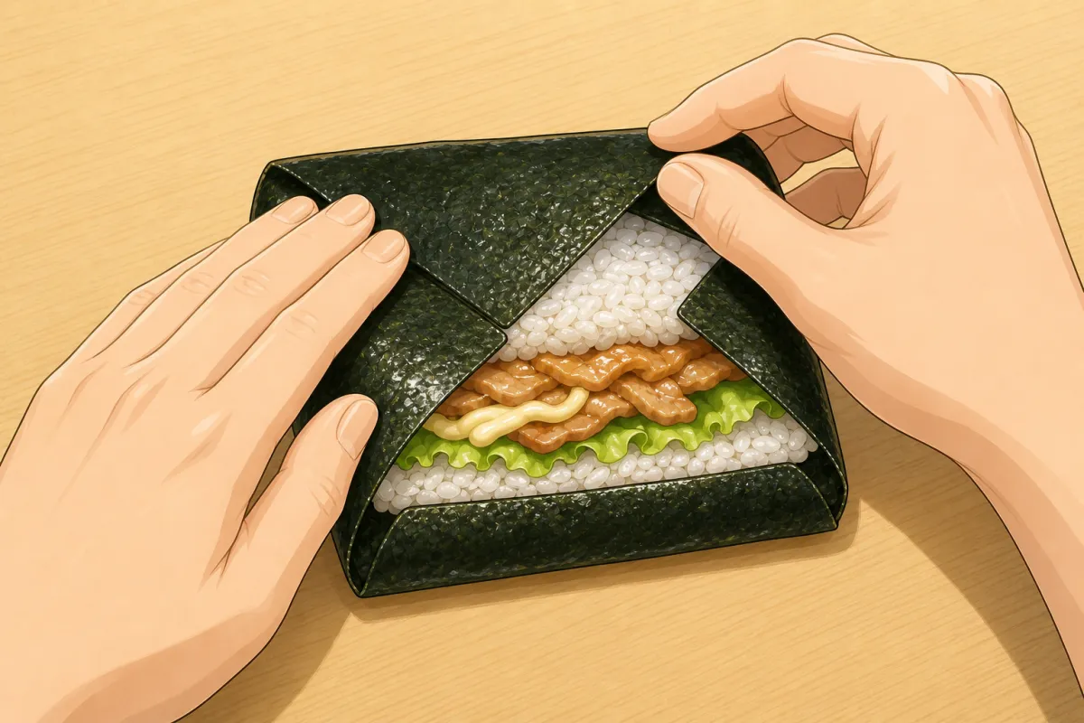 Then the bottom and top corners. Tuck the rice in.