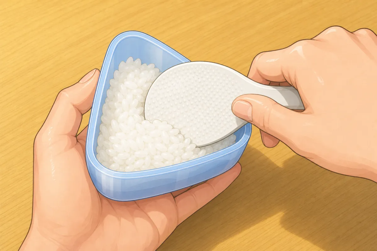 Fill the wet mold halfway, pushing the rice into the corners.
