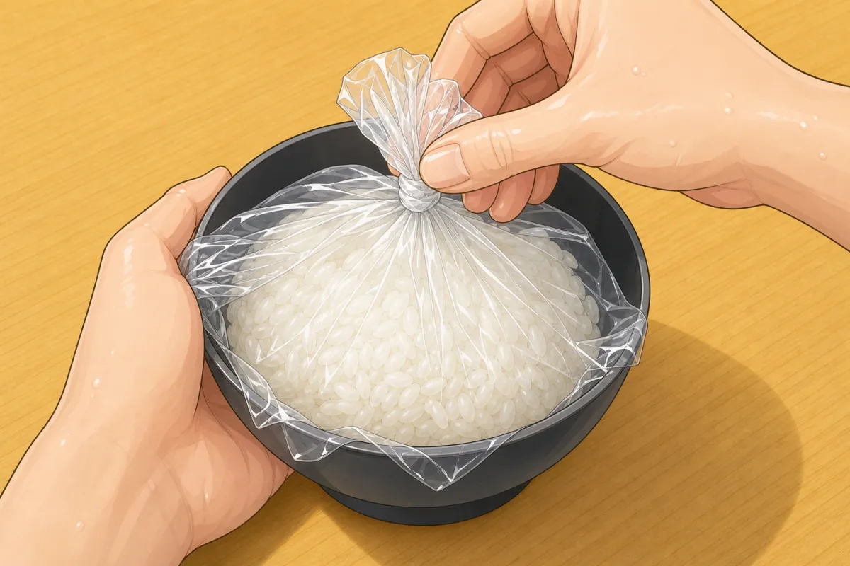 Rice and filling on plastic wrap in a bowl; gather and twist it shut, then press the triangle.