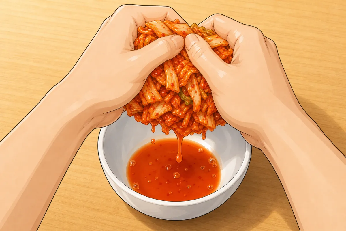 Squeeze the kimchi hard first: wet kimchi soaks the rice.